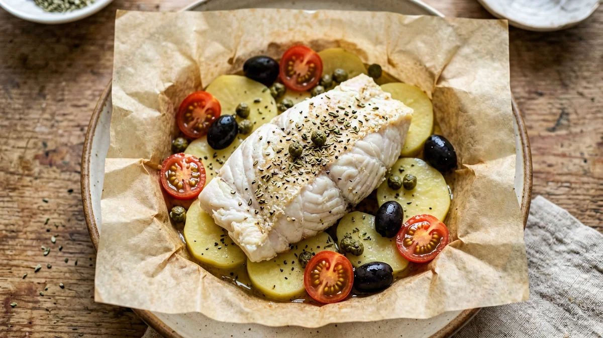 Filetto di branzino al cartoccio con vino bianco, olive e pomodorini