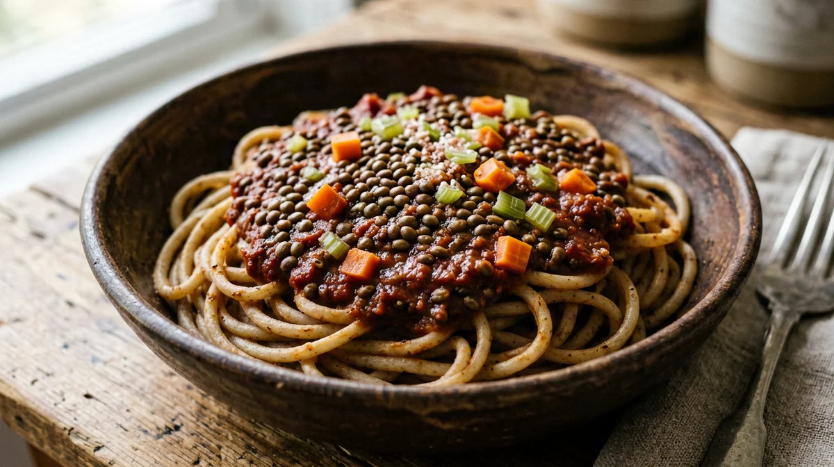 Whole wheat pasta with red wine lentil ragù