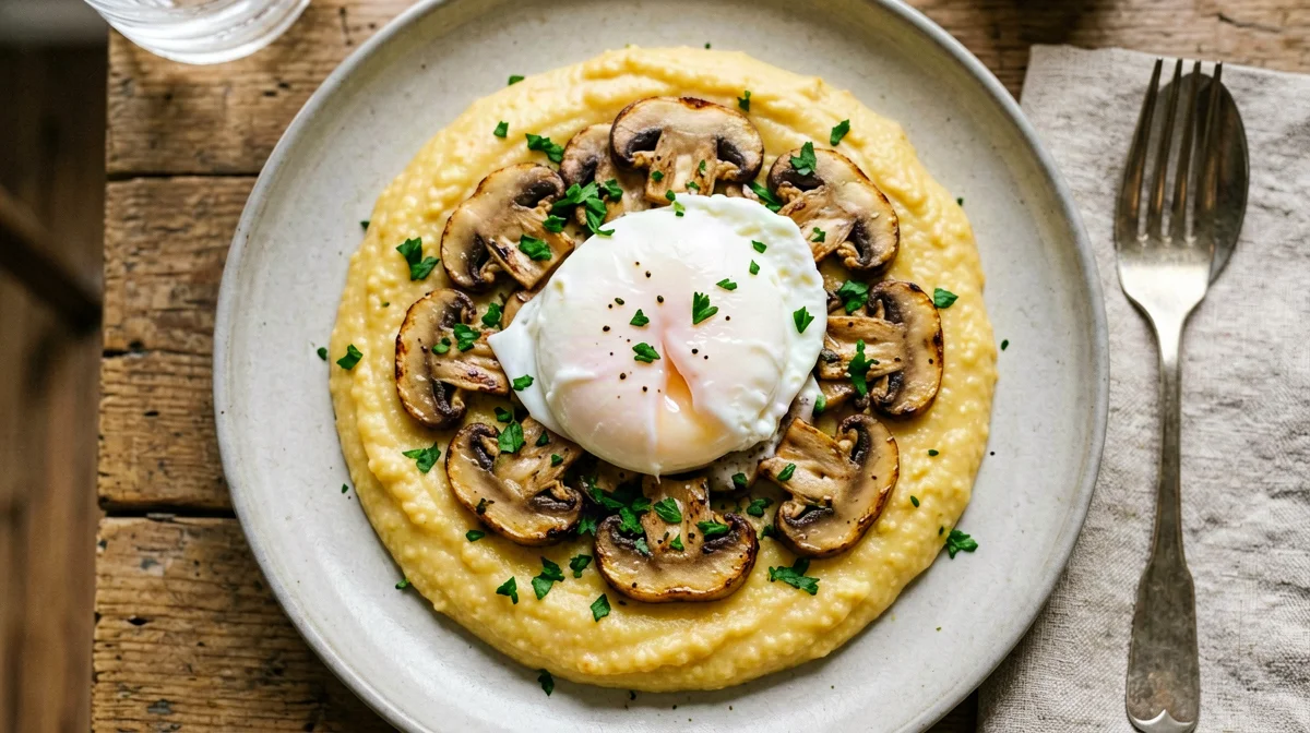 Polenta con funghi trifolati al vino bianco e uovo in camicia