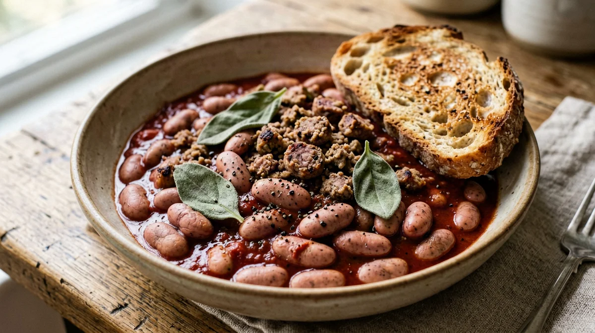 Sausage and borlotti beans in red wine and sage