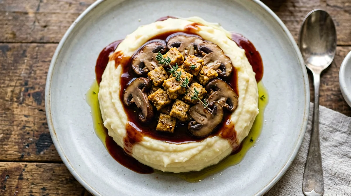 Tempeh brasato al vino rosso con funghi e purè di patate