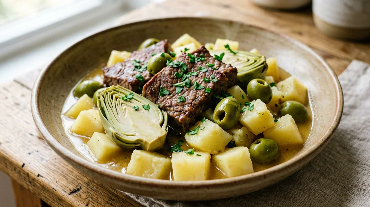 Spezzatino vegano di seitan al vino bianco con carciofi e olive