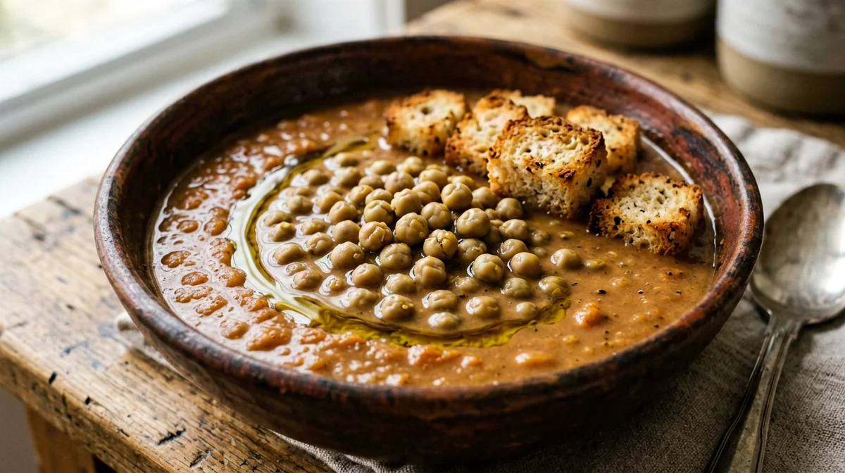 Zuppa di cicerchie all'umbra con crostini integrali