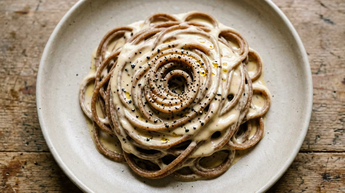 Vegan whole wheat cacio e pepe with nutritional yeast