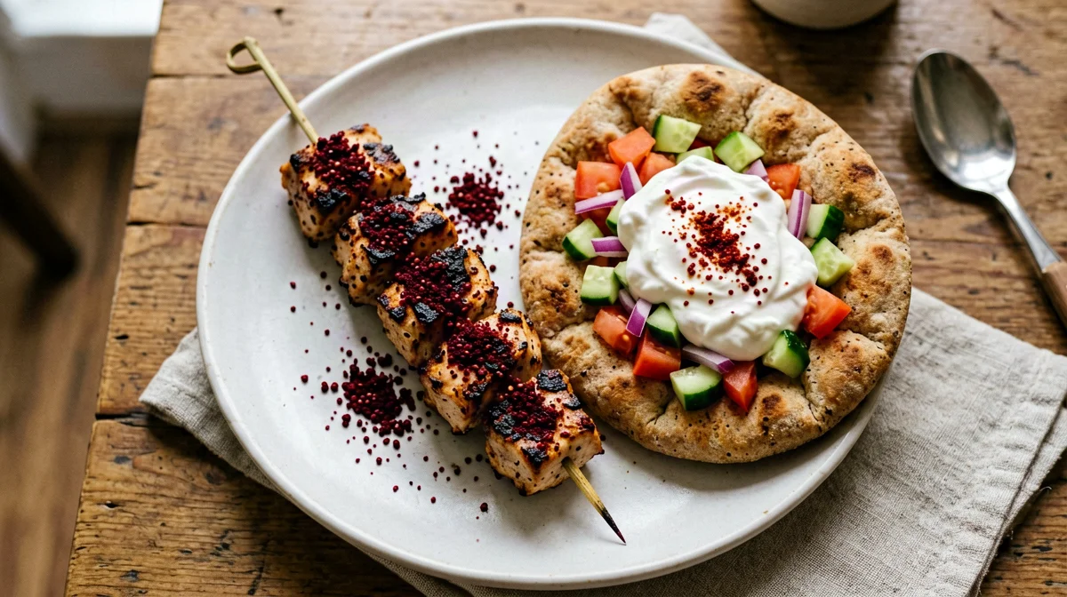 Spiedini di pollo al sumac con pita integrale, pomodori e yogurt