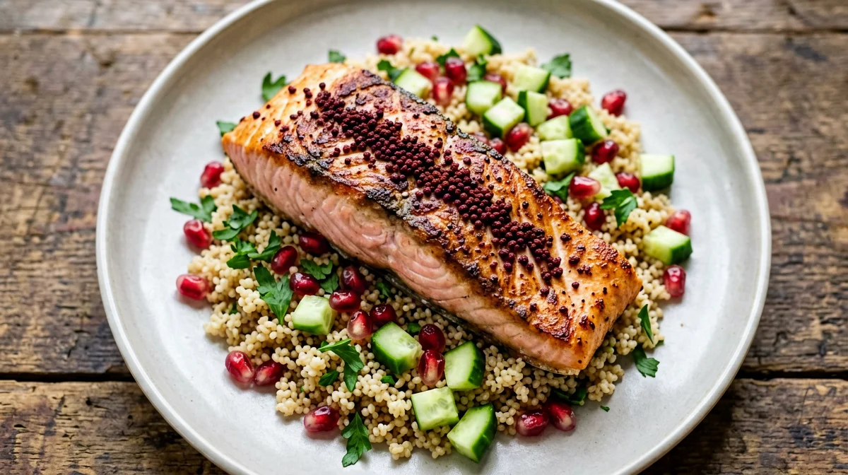 Salmone al sumac con bulgur, melagrana e prezzemolo