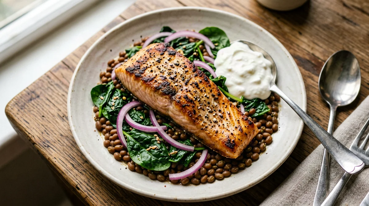 Salmone al garam masala con lenticchie e spinaci
