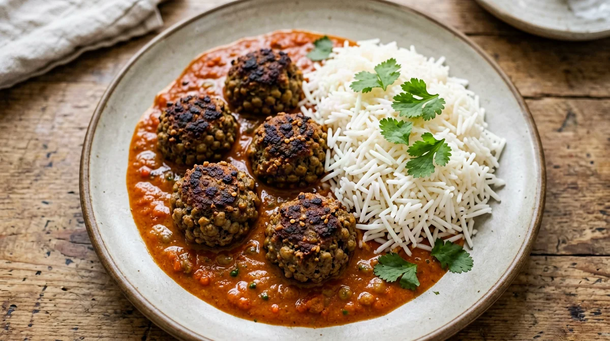Polpette di lenticchie al garam masala in salsa di pomodoro con riso basmati