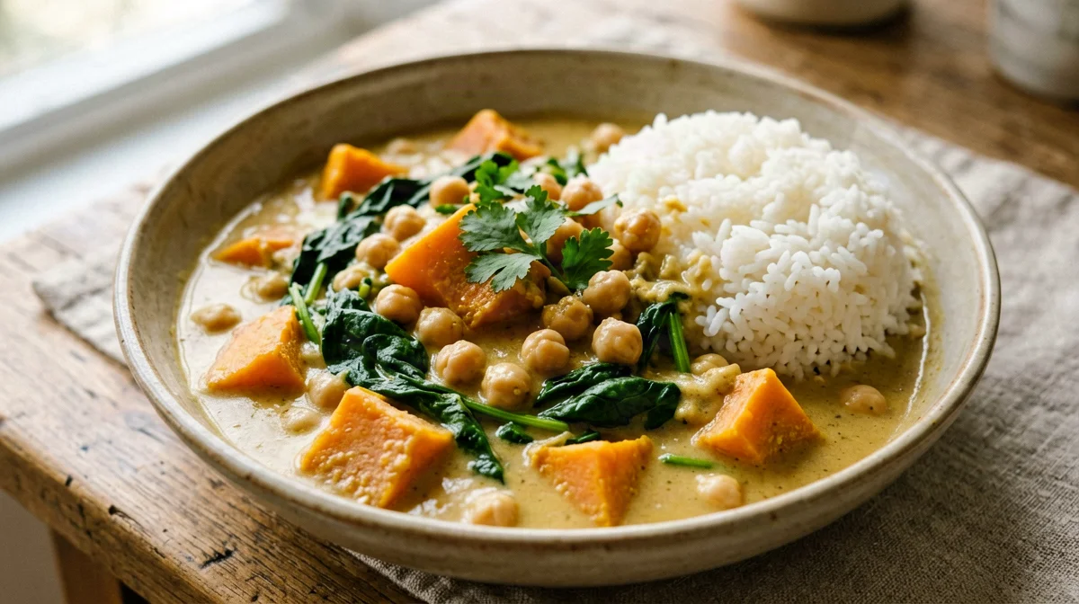 Vegetarian pumpkin, chickpea and spinach coconut curry