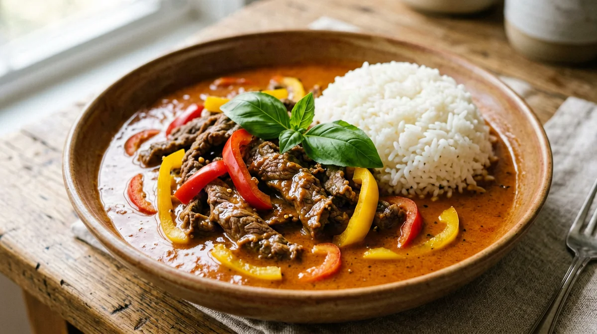 Red beef curry with peppers and basil