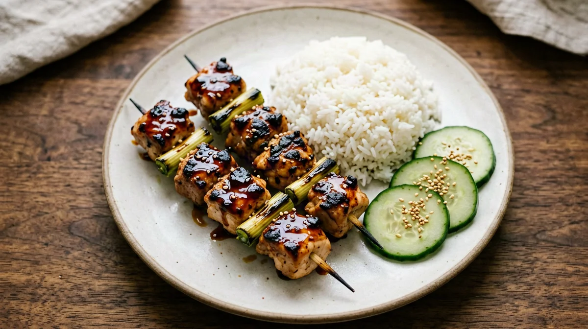 Yakitori di pollo al sake e mirin con riso e cetrioli