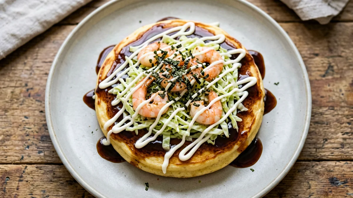 Okonomiyaki di cavolo e gamberi con alga nori