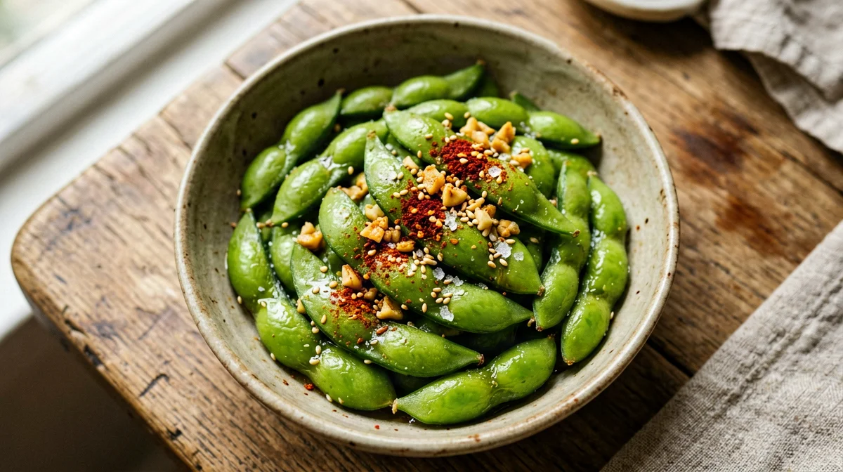 Edamame stir-fried with garlic, sake and chilli