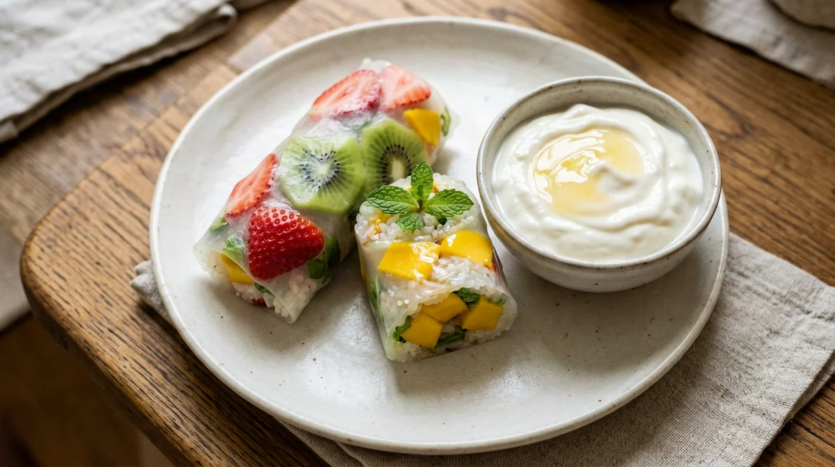 Involtini di carta di riso alla frutta con dip di yogurt