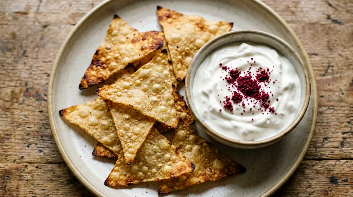 Chips di sfoglie per wonton al forno con salsa allo yogurt e sumac