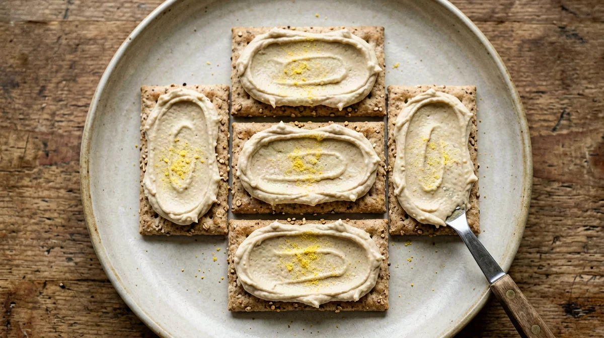 Whole grain crackers with nutritional yeast cannellini spread