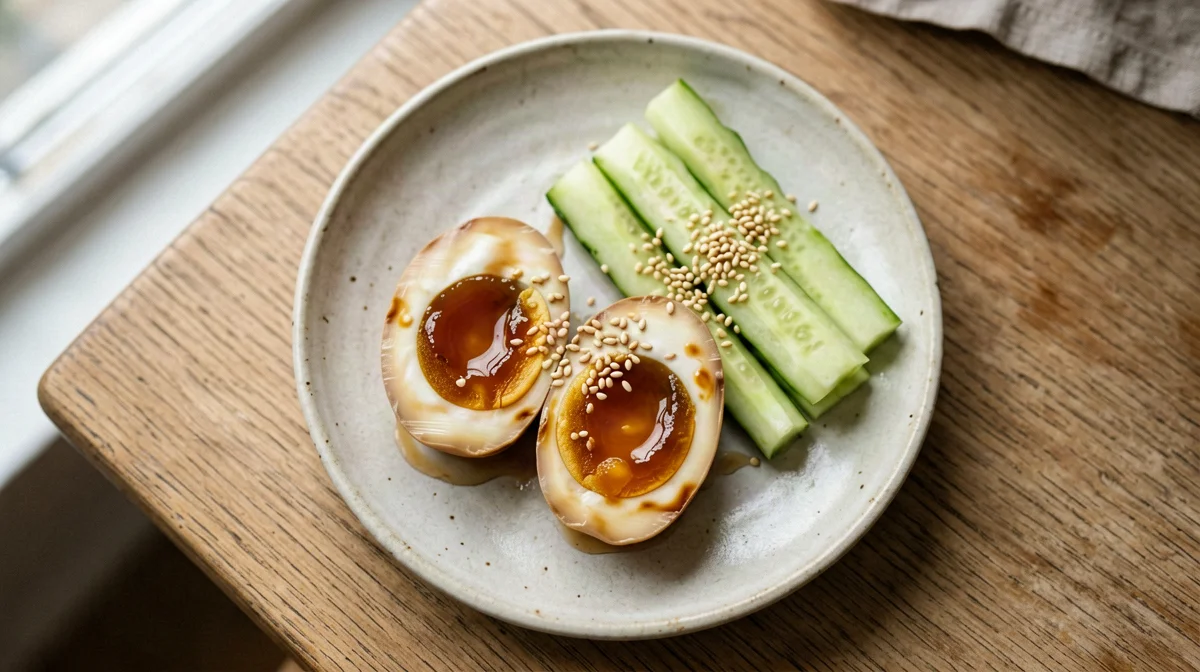 Mirin and soy marinated eggs with cucumber