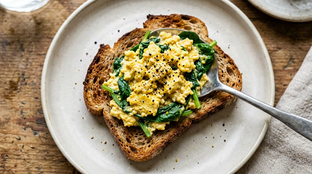 Tofu strapazzato al lievito alimentare con spinaci e pane integrale
