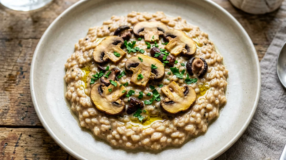 Vegan mushroom and white wine risotto with nutritional yeast