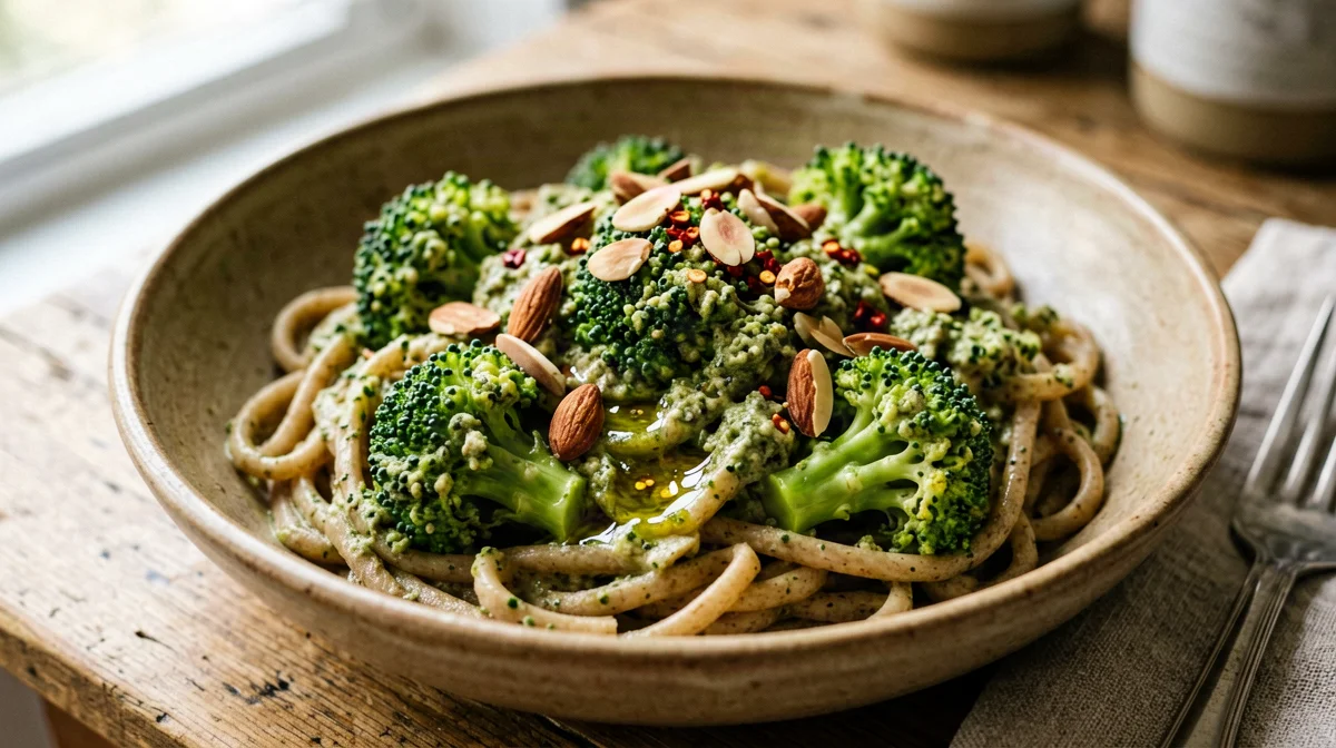 Pasta e broccoli vegana con lievito alimentare e mandorle tostate