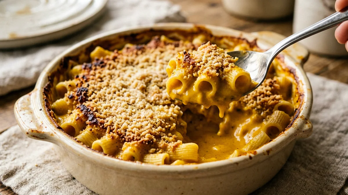 Vegan baked macaroni with pumpkin cream and nutritional yeast