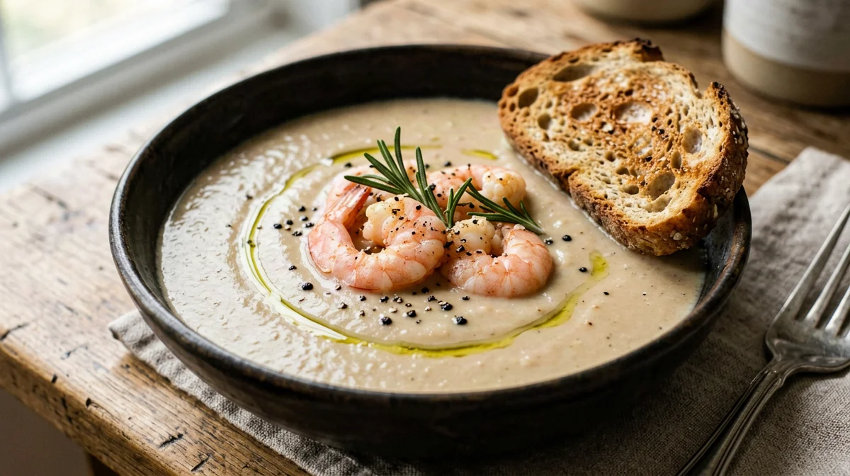 Grass pea cream with prawns and rosemary