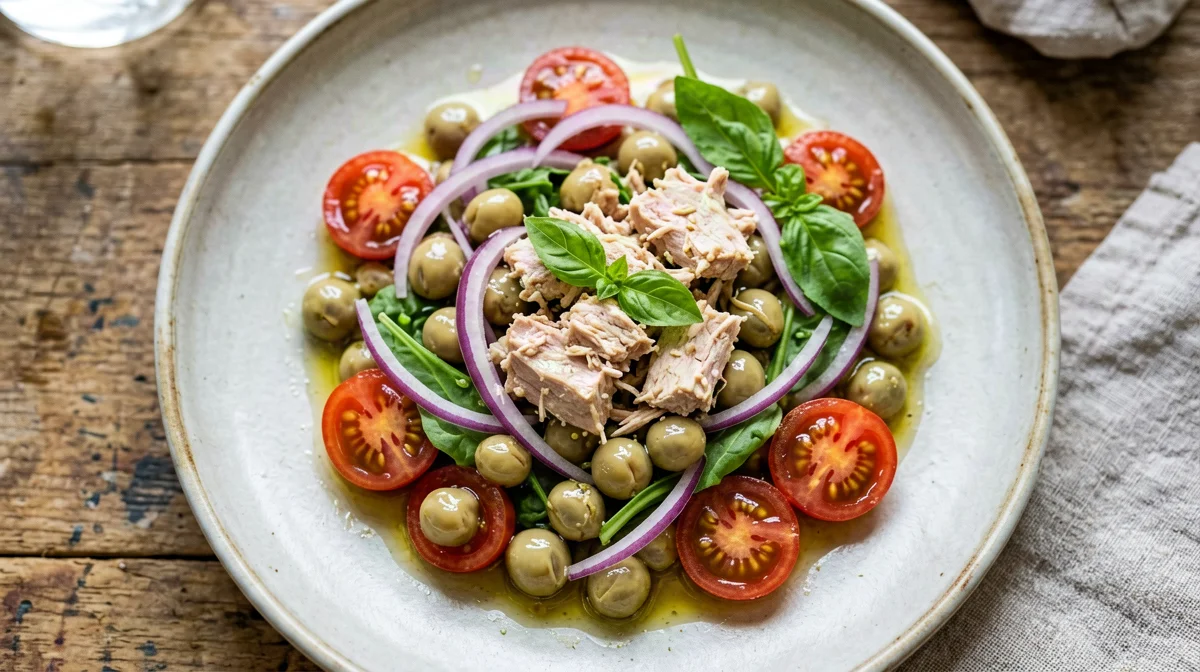 Insalata tiepida di cicerchie, tonno, pomodorini e cipolla rossa