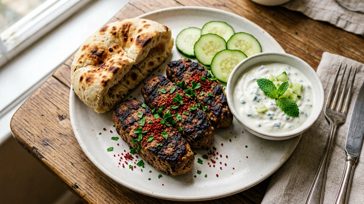 Kofta di agnello al sumac con pita integrale, cetrioli e yogurt