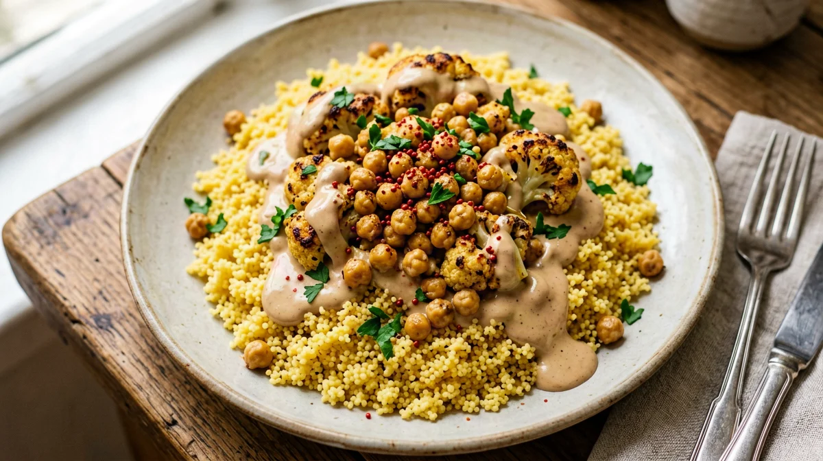 Cavolfiore arrosto al sumac con ceci, tahina e couscous
