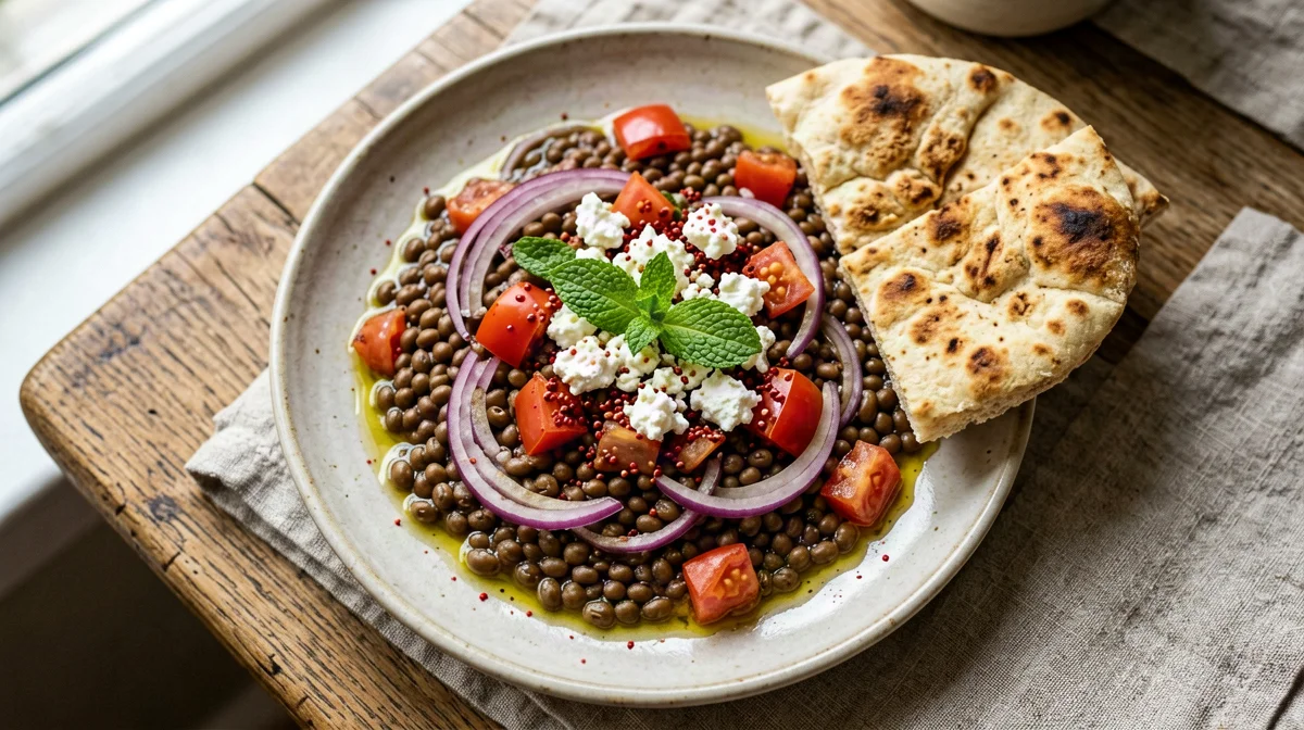 Sumac lentil salad with feta, tomatoes and mint