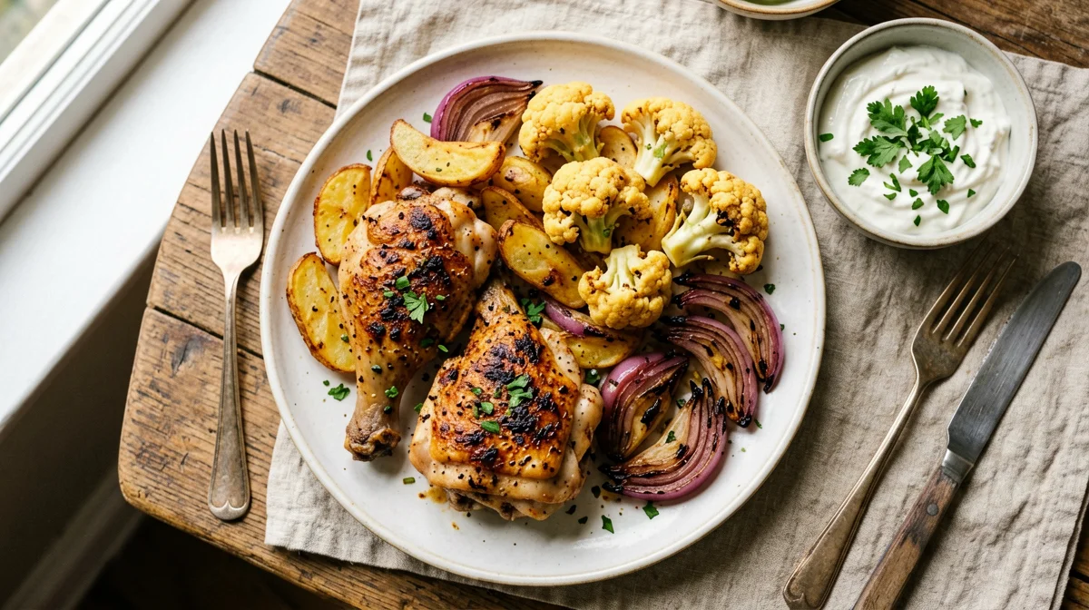 Teglia di pollo al garam masala con patate e cavolfiore