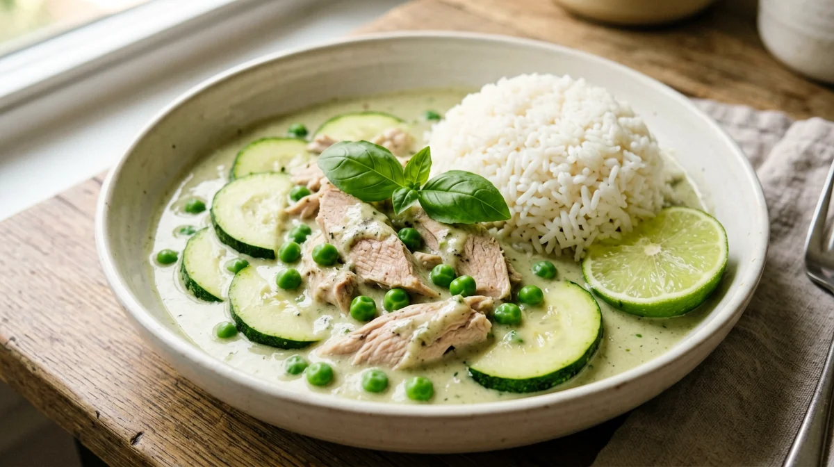 Curry verde di tacchino con zucchine e piselli