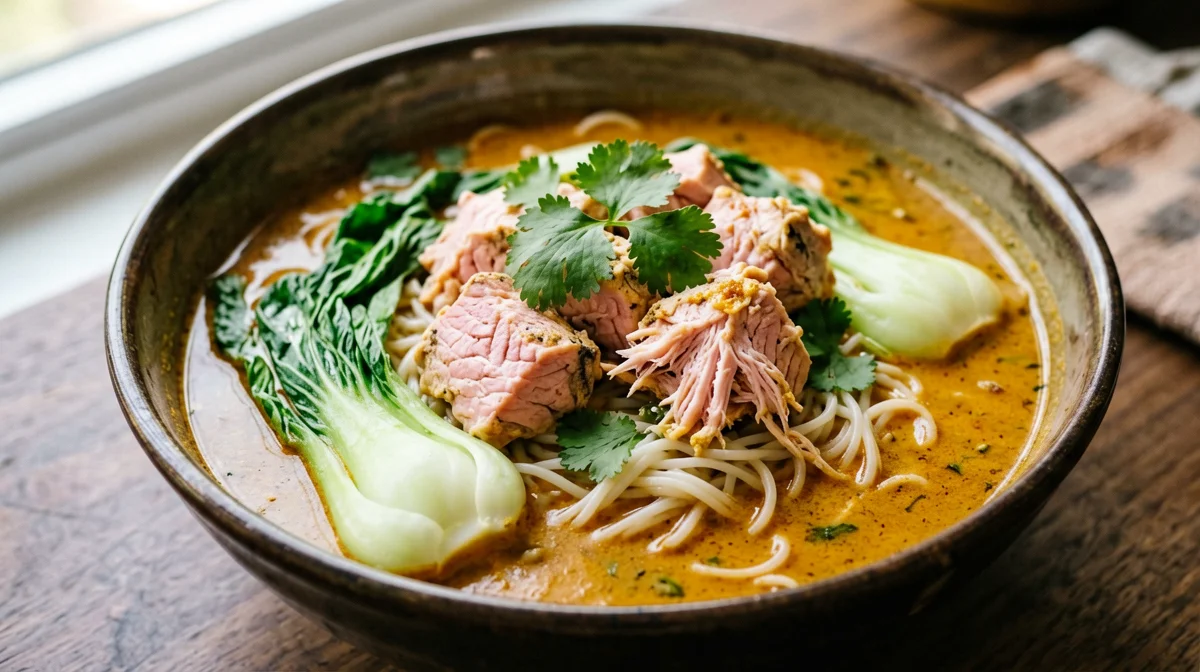 Curry rosso di salmone con pak choi e spaghetti di riso