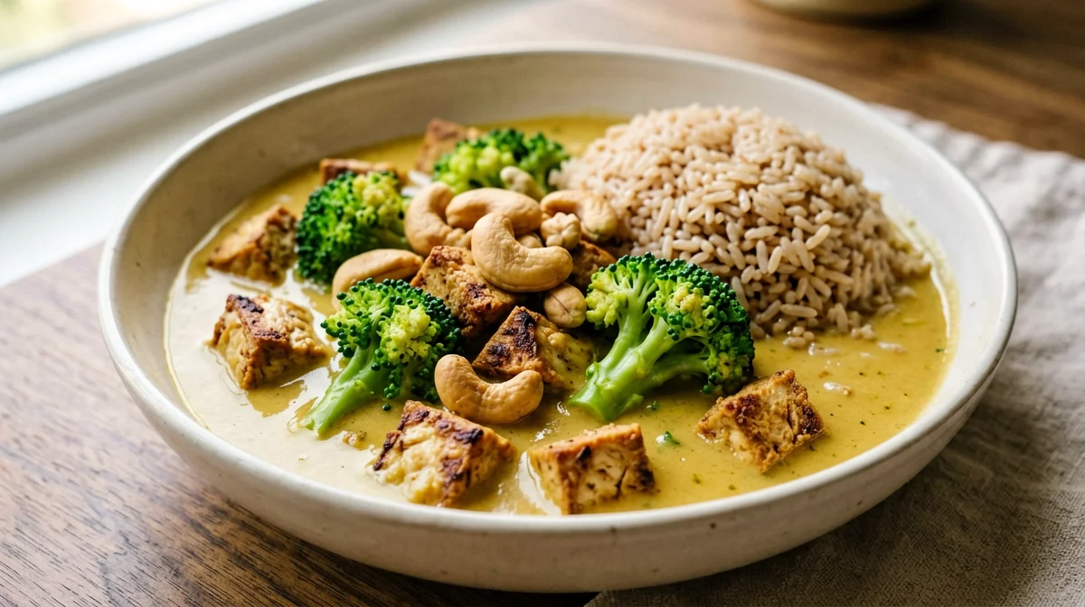Vegan tofu, broccoli and cashew curry with brown rice