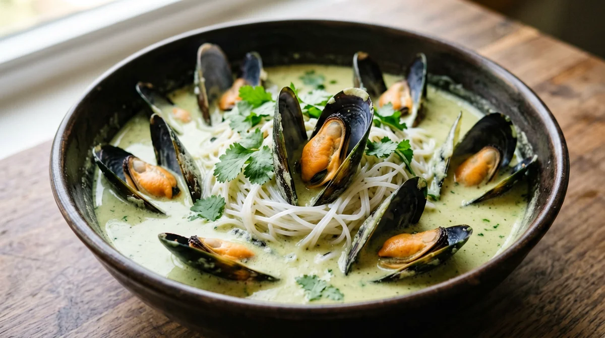 Green curry mussels with lemongrass and rice noodles
