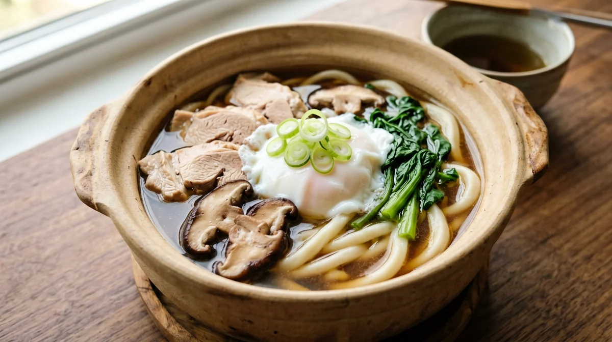 Nabeyaki udon con pollo, uovo e funghi shiitake