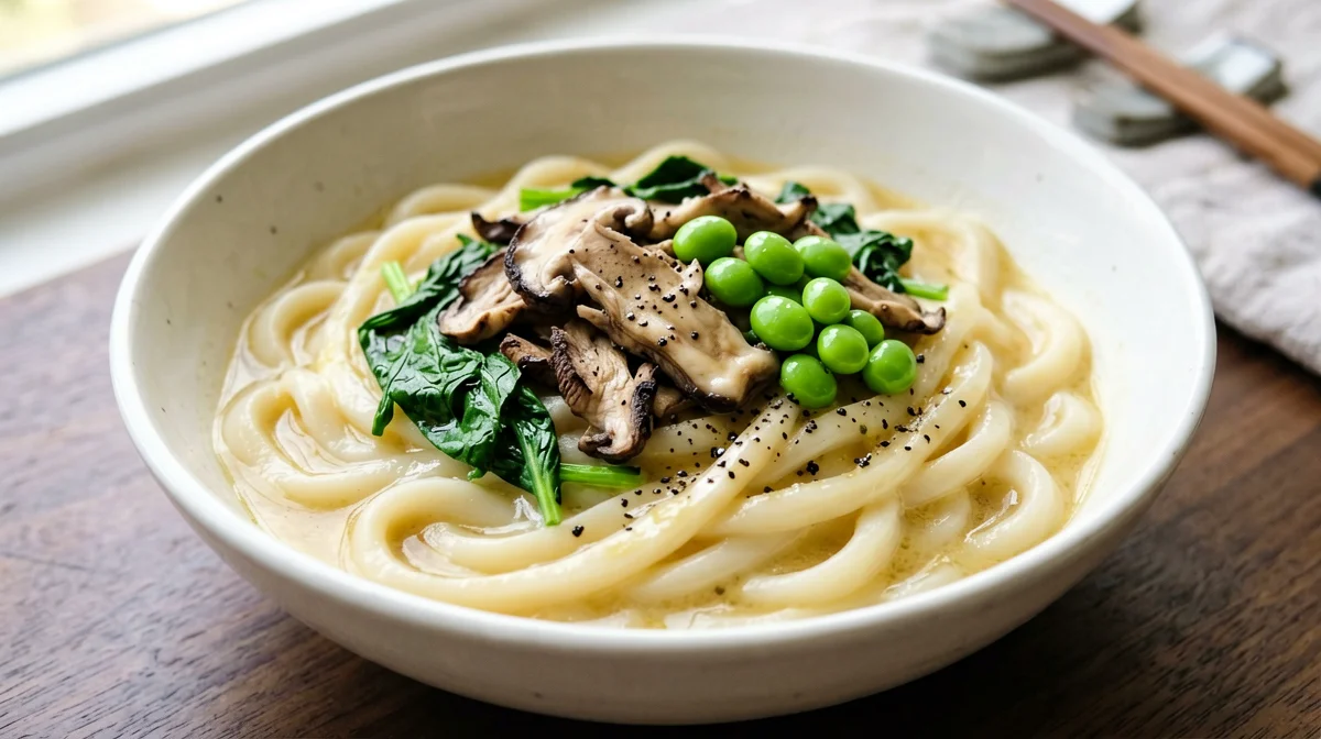 Miso butter udon with oyster mushrooms, spinach and edamame