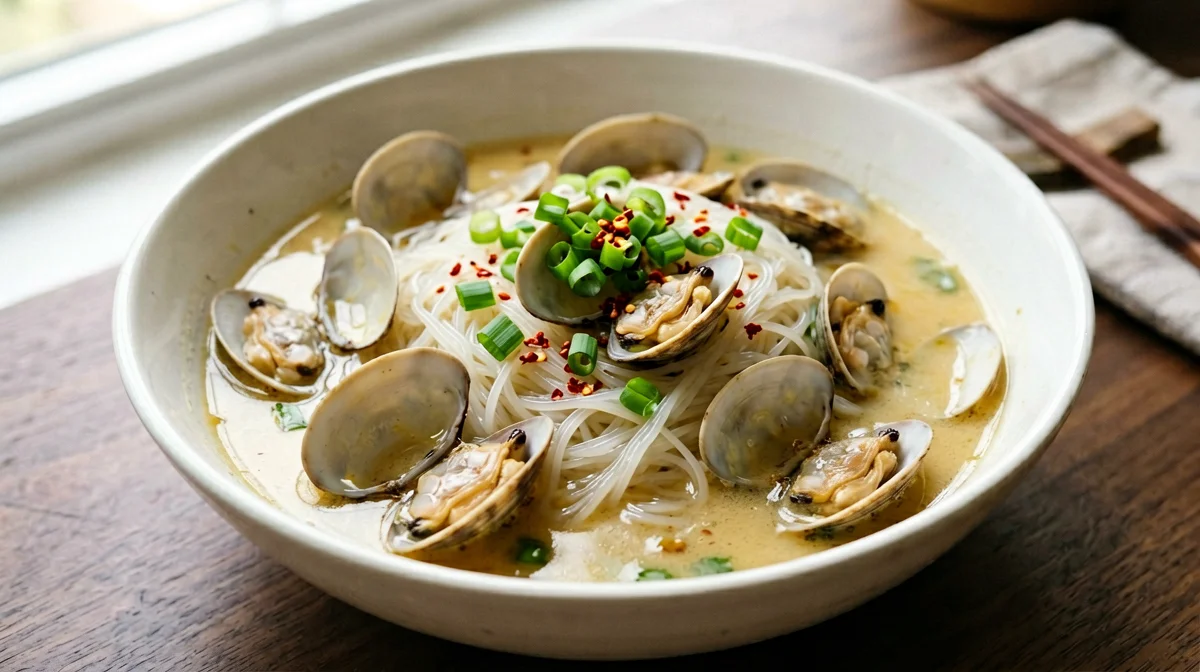 Vongole al sake con spaghetti di riso e cipollotto