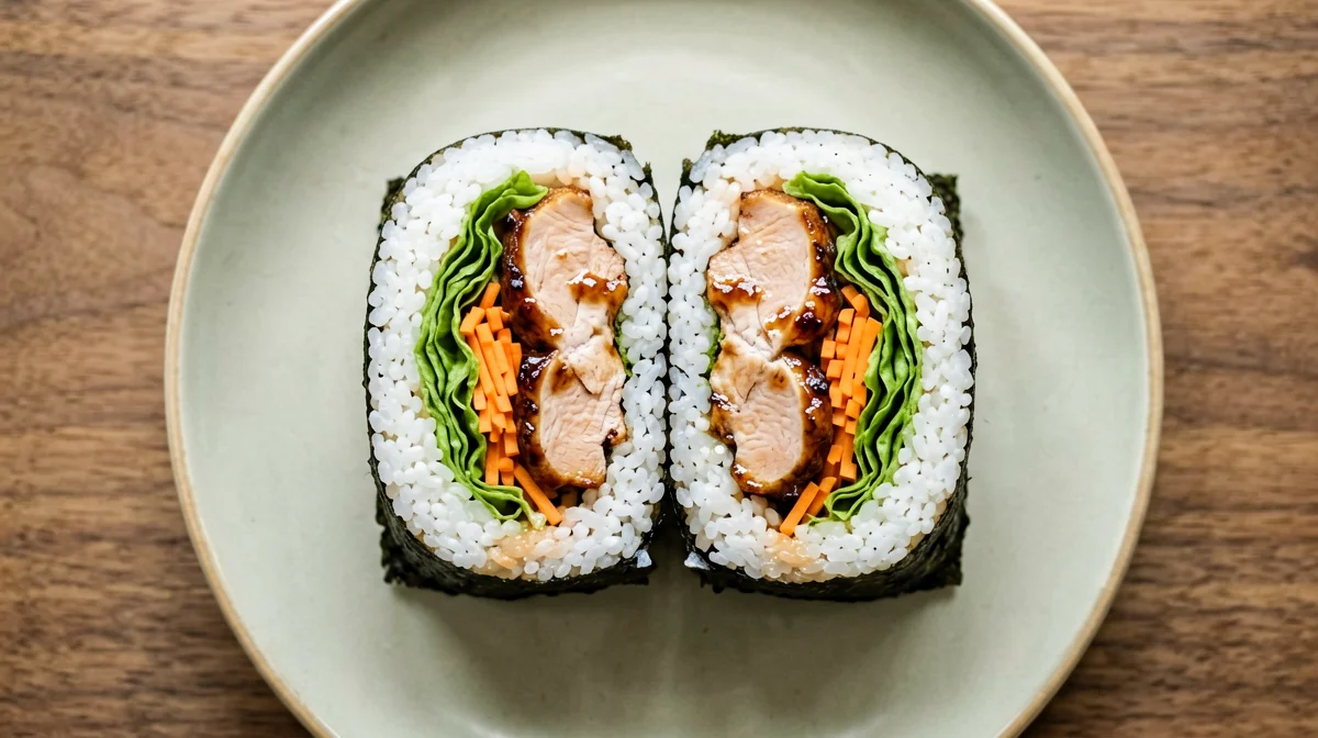 Onigirazu di pollo teriyaki, lattuga e carota