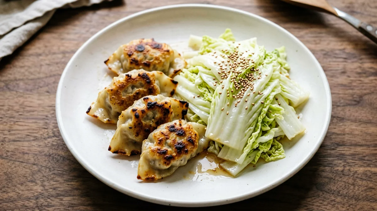 Baked chicken and vegetable wontons with Napa cabbage salad