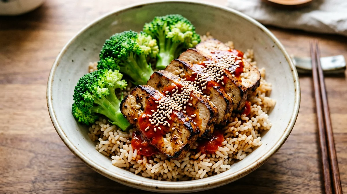 Tempeh al gochujang con broccoli e riso integrale
