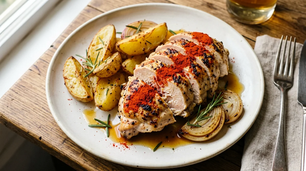 Beer-roasted chicken breast with potatoes and onions