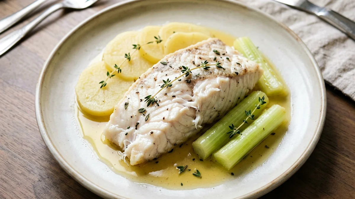 Cod in cider with leeks and potatoes
