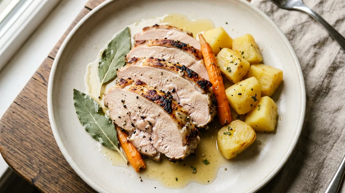 Roast turkey with white wine and sage, carrots and potatoes