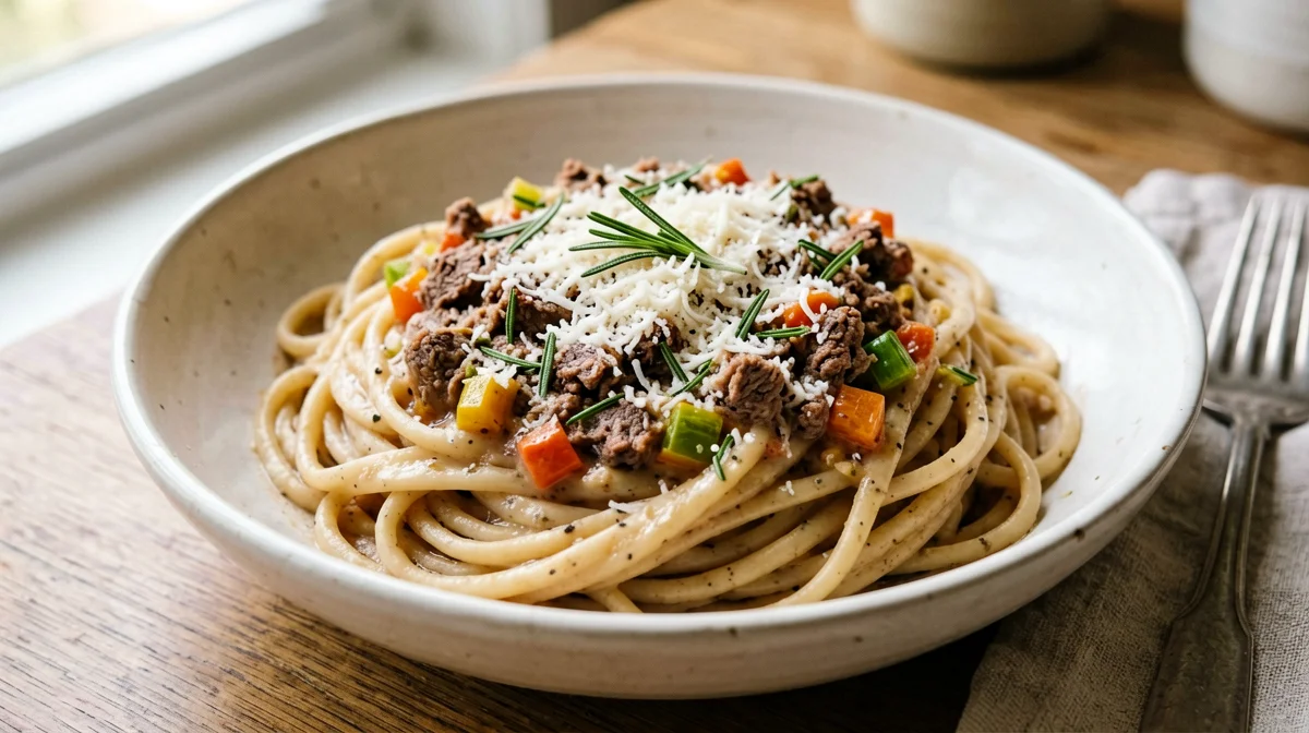 Whole wheat pasta with white veal ragù and white wine