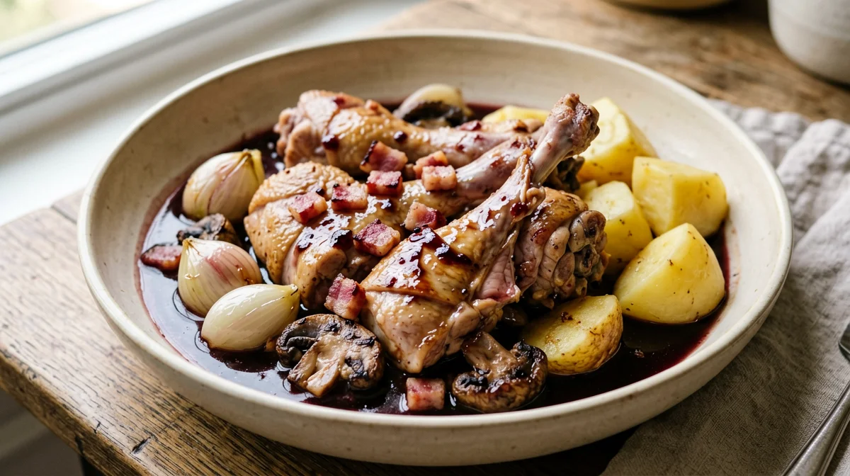 Pollo al vino rosso con funghi, cipolline e patate