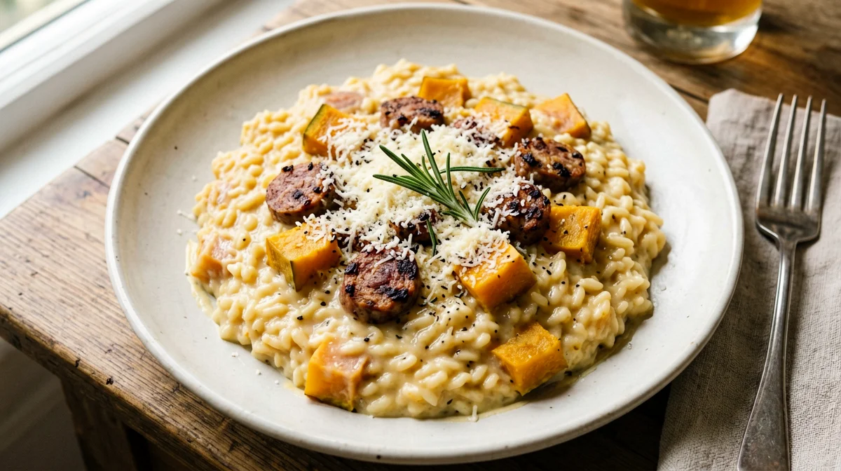 Risotto alla birra con zucca e salsiccia