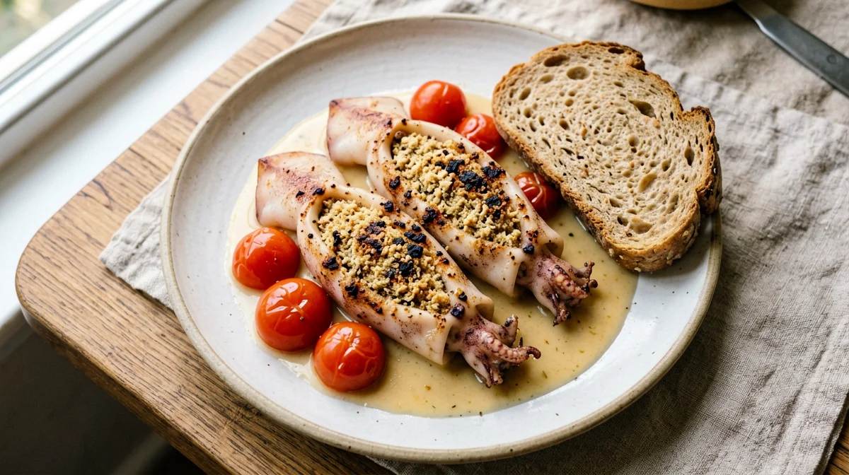 Stuffed squid in white wine with cherry tomatoes
