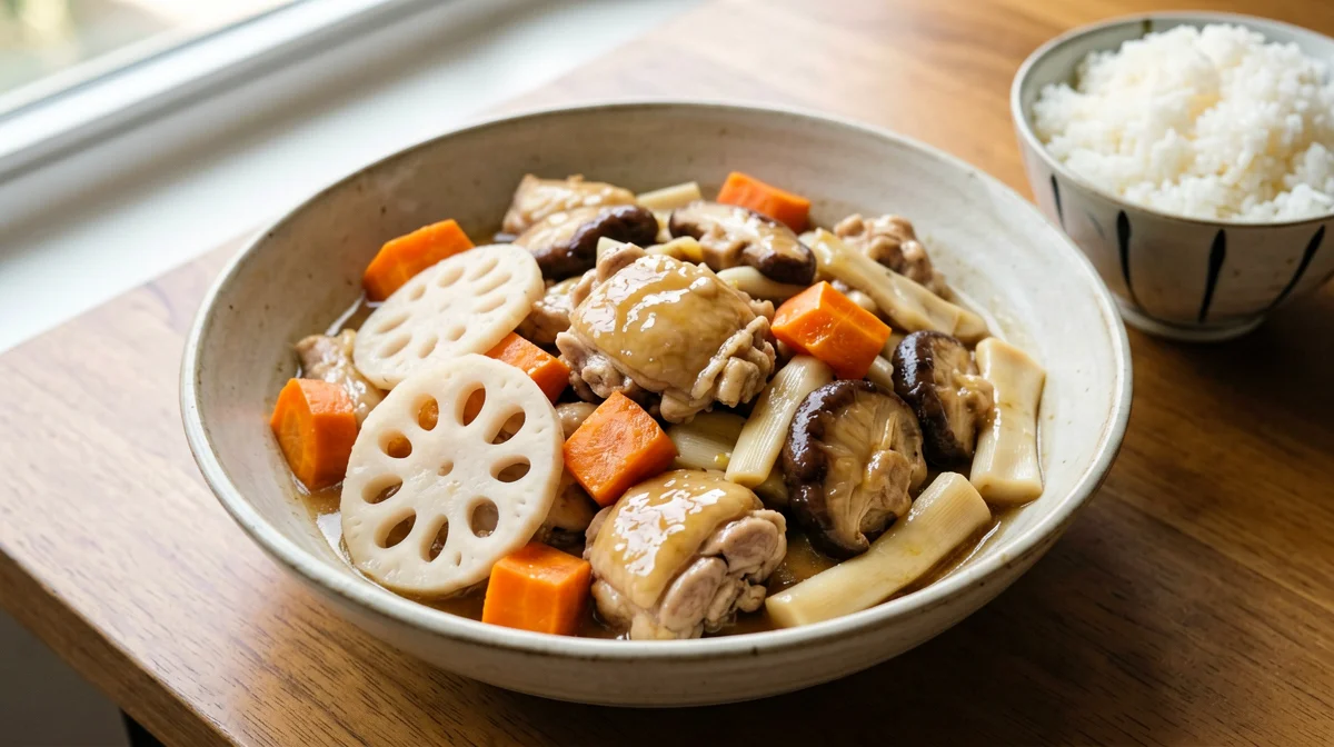 Chicken and vegetable chikuzenni with sake and mirin