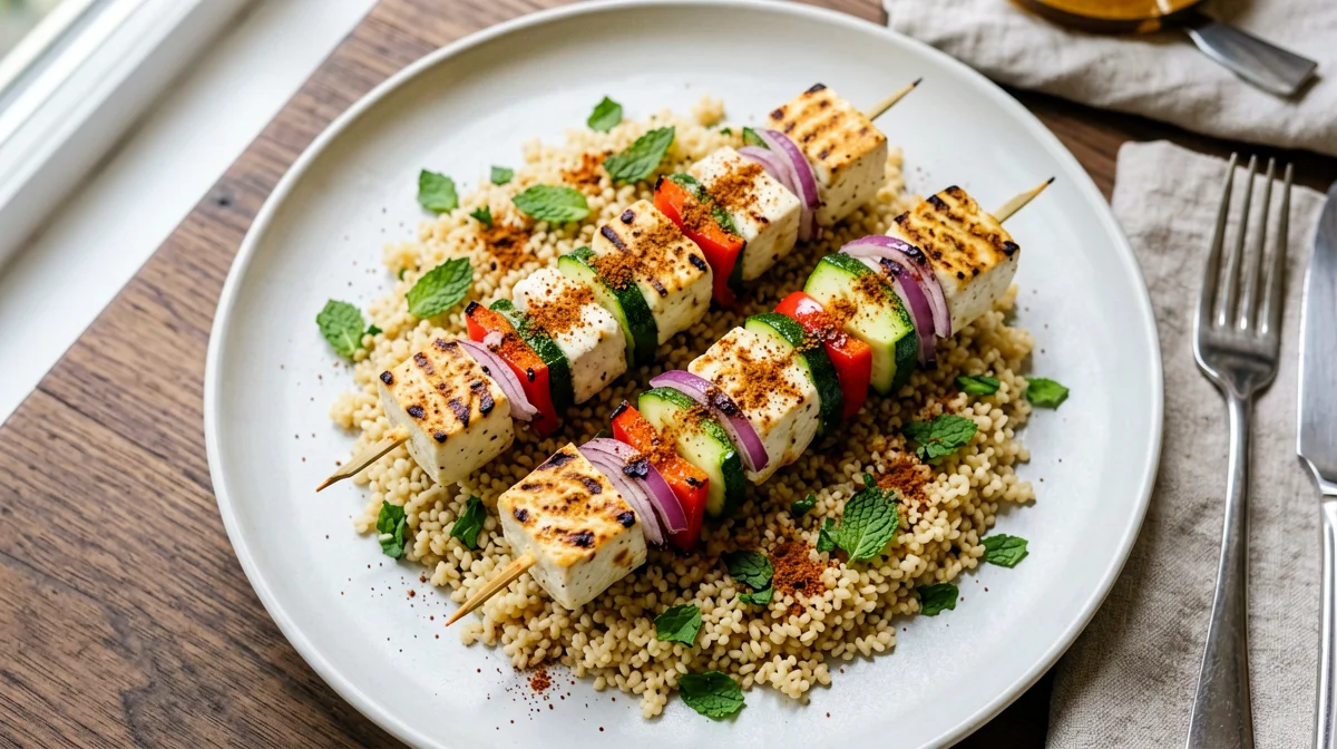 Spiedini di halloumi e verdure al sumac con bulgur